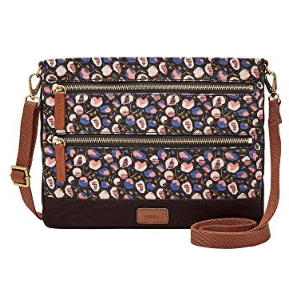 Fossil Floral Pattern Crossbody Bag in Black, Pink, Blue & Brown